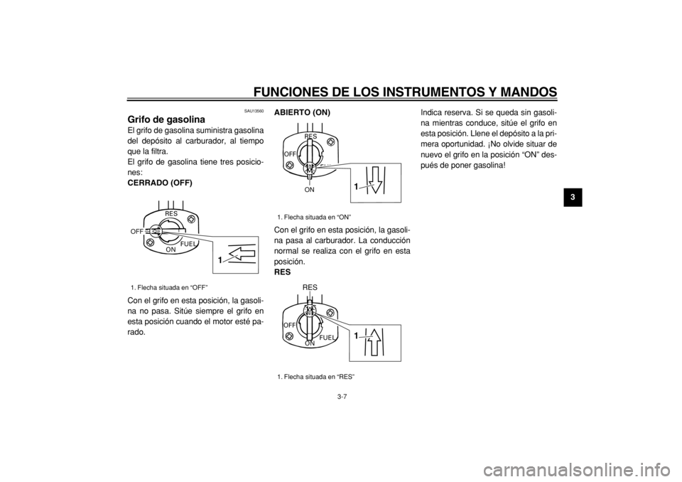 YAMAHA TW125 2004  Manuale de Empleo (in Spanish)  
FUNCIONES DE LOS INSTRUMENTOS Y MANDOS 
3-7 
2
34
5
6
7
8
9
 
SAU13560 
Grifo de gasolina  
El grifo de gasolina suministra gasolina
del depósito al carburador, al tiempo
que la filtra.
El grifo de