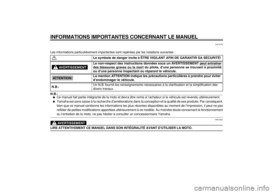 YAMAHA TW125 2004  Notices Demploi (in French)  
INFORMATIONS IMPORTANTES CONCERNANT LE MANUEL 
FAU10150 
Les informations particulièrement importantes sont repérées par les notations suivantes :
N.B.:
 
 
Ce manuel fait partie intégrante de 