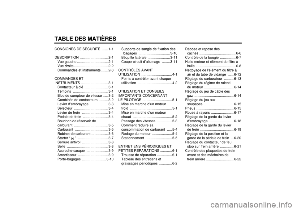 YAMAHA TW125 2004  Notices Demploi (in French)  
TABLE DES MATIÈRES 
CONSIGNES DE SÉCURITÉ  ...... 1-1
DESCRIPTION ............................. 2-1
Vue gauche ................................ 2-1
Vue droite ................................... 