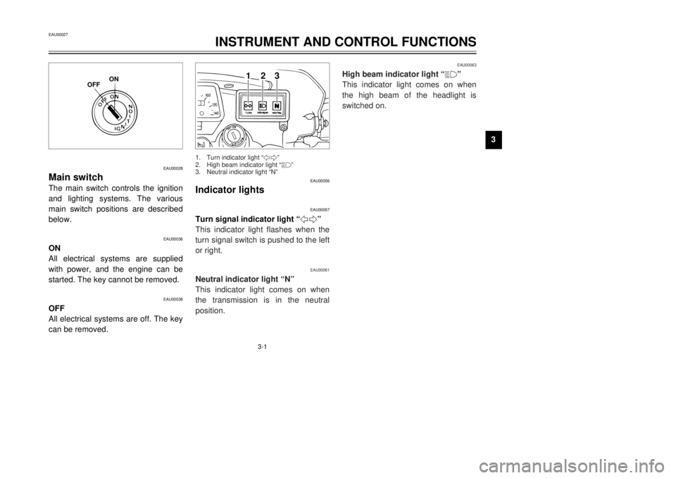 YAMAHA TW125 2001 User Guide 3-1
EAU00027
INSTRUMENT AND CONTROL FUNCTIONS
1
23
4
5
6
7
8
9
EAU00028
Main switchThe main switch controls the ignition
and lighting systems. The various
main switch positions are described
below.
EA