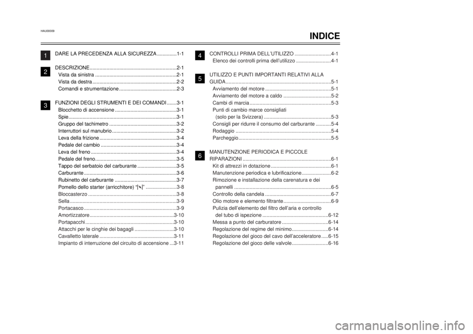 YAMAHA TW125 2001  Manuale duso (in Italian) HAU00009
INDICE
1 
2
3
4
5
6
7
8
9
1
5
DARE LA PRECEDENZA ALLA SICUREZZA ..............1-1 
DESCRIZIONE..............................................................2-1Vista da sinistra ..............