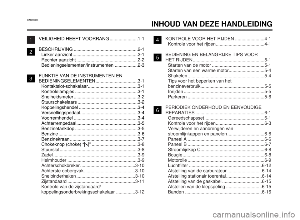 YAMAHA TW125 2000  Instructieboekje (in Dutch) DAU00009
INHOUD VAN DEZE HANDLEIDING
1
2
3
4
5
6
7
8
9
1
5
VEILIGHEID HEEFT VOORRANG ......................1-1
BESCHRIJVING ..................................................2-1
Linker aanzicht ......