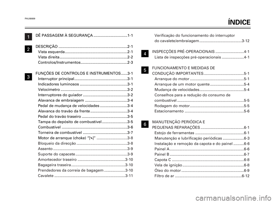 YAMAHA TW125 2000  Manual de utilização (in Portuguese) PAU00009
ÍNDICE
1
2
3
4
5
6
7
8
9
1
5
DÊ PASSAGEM À SEGURANÇA ................................1-1
DESCRIÇÃO .................................................................2-1
Vista esquerda...