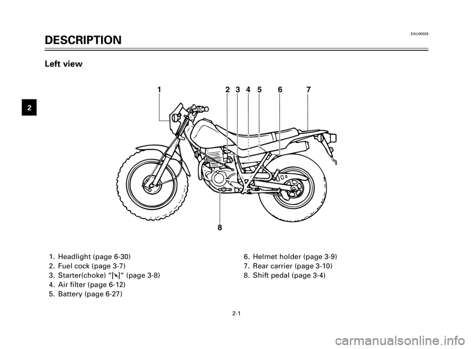 YAMAHA TW200 2003 Owners Manual EAU00026
DESCRIPTION
1
2
3
4
5
6
7
8
9
2-1
1. Headlight (page 6-30)
2. Fuel cock (page 3-7)
3. Starter(choke) “1“ (page 3-8)
4. Air filter (page 6-12)
5. Battery (page 6-27)6. Helmet holder (page YAMAHA TW200 2003 Owners Manual EAU00026
DESCRIPTION
1
2
3
4
5
6
7
8
9
2-1
1. Headlight (page 6-30)
2. Fuel cock (page 3-7)
3. Starter(choke) “1“ (page 3-8)
4. Air filter (page 6-12)
5. Battery (page 6-27)6. Helmet holder (page
