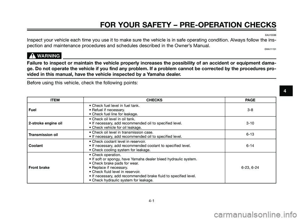 YAMAHA TZR50 2012  Owners Manual FOR YOUR SAFETY – PRE-OPERATION CHECKS
4-1
4
EAU15596
Inspect your vehicle each time you use it to make sure the vehicle is in safe operating condition. Always follow the ins-
pection and maintenanc