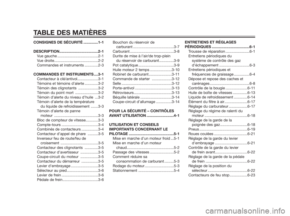 YAMAHA TZR50 2012  Notices Demploi (in French) CONSIGNES DE SÉCURITÉ ..............1-1
DESCRIPTION.....................................2-1
Vue gauche .......................................2-1
Vue droite..........................................