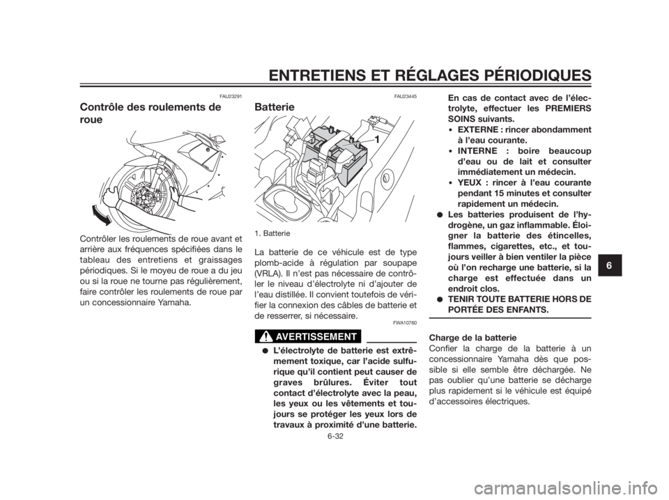 YAMAHA TZR50 2012  Notices Demploi (in French) FAU23291
Contrôle des roulements de
roue
Contrôler les roulements de roue avant et
arrière aux fréquences spécifiées dans le
tableau des entretiens et graissages
périodiques. Si le moyeu de rou