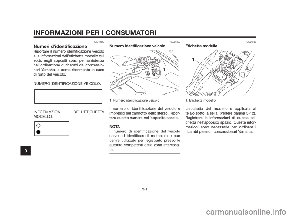 YAMAHA TZR50 2012  Manuale duso (in Italian) HAU48612
Numeri d’identificazione
Riportare il numero identificazione veicolo
e le informazioni dell’etichetta modello qui
sotto negli appositi spazi per assistenza
nell’ordinazione di ricambi d