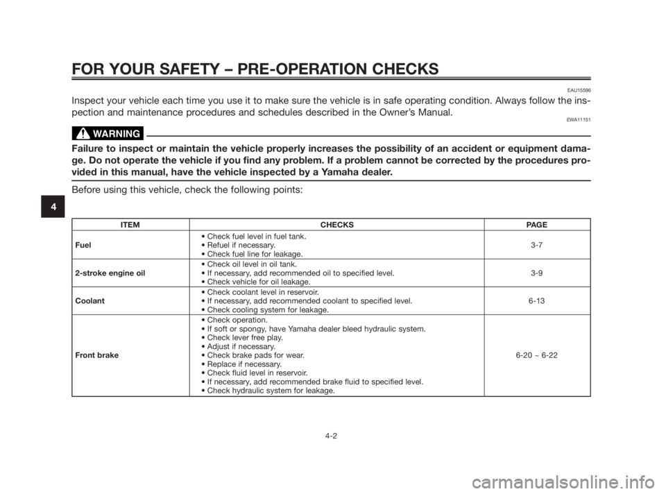 YAMAHA TZR50 2011 Owners Manual FOR YOUR SAFETY – PRE-OPERATION CHECKS
4-2
4
ITEM CHECKS PAGE
• Check fuel level in fuel tank.
Fuel• Refuel if necessary.3-7
• Check fuel line for leakage.
• Check oil level in oil tank.
2-s YAMAHA TZR50 2011 Owners Manual FOR YOUR SAFETY – PRE-OPERATION CHECKS
4-2
4
ITEM CHECKS PAGE
• Check fuel level in fuel tank.
Fuel• Refuel if necessary.3-7
• Check fuel line for leakage.
• Check oil level in oil tank.
2-s