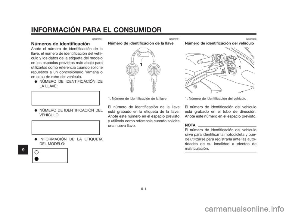YAMAHA TZR50 2011 Manuale de Empleo (in Spanish) SAU26351
Números de identificación
Anote el número de identificación de la
llave, el número de identificación del vehí-
culo y los datos de la etiqueta del modelo
en los espacios previstos más YAMAHA TZR50 2011 Manuale de Empleo (in Spanish) SAU26351
Números de identificación
Anote el número de identificación de la
llave, el número de identificación del vehí-
culo y los datos de la etiqueta del modelo
en los espacios previstos más