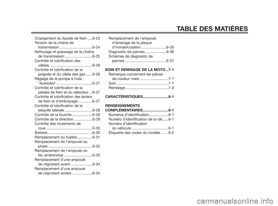 YAMAHA TZR50 2011  Notices Demploi (in French) Changement du liquide de frein .....6-23
Tension de la chaîne de 
transmission ................................6-24
Nettoyage et graissage de la chaîne 
de transmission ...........................6-