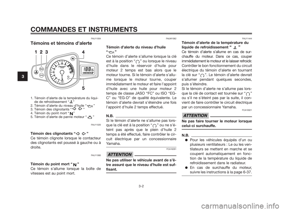 YAMAHA TZR50 2010 Notices Demploi (in French) COMMANDES ET INSTRUMENTS
3-2
3
FAU11004
Témoins et témoins d’alerte
1. Témoin d’alerte de la température du liqui-
de de refroidissement “ ”
2. Témoin d’alerte du niveau d’huile “ YAMAHA TZR50 2010 Notices Demploi (in French) COMMANDES ET INSTRUMENTS
3-2
3
FAU11004
Témoins et témoins d’alerte
1. Témoin d’alerte de la température du liqui-
de de refroidissement “ ”
2. Témoin d’alerte du niveau d’huile “