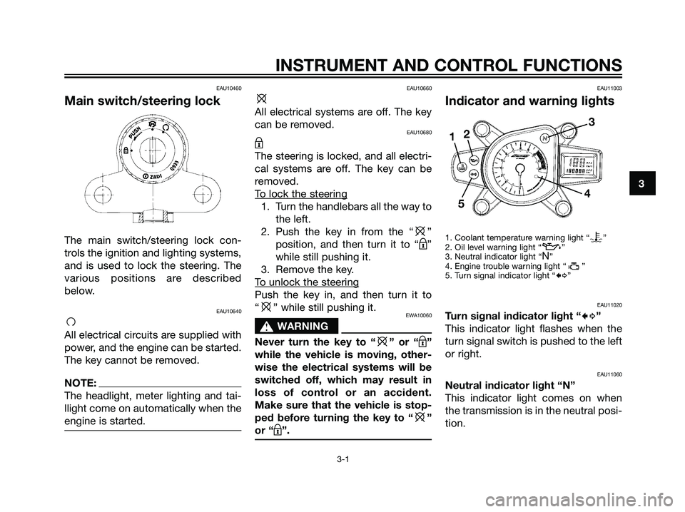YAMAHA TZR50 2008 User Guide EAU10460
Main switch/steering lock
The main switch/steering lock con-
trols the ignition and lighting systems,
and is used to lock the steering. The
various positions are described
below.
EAU10640
f
A