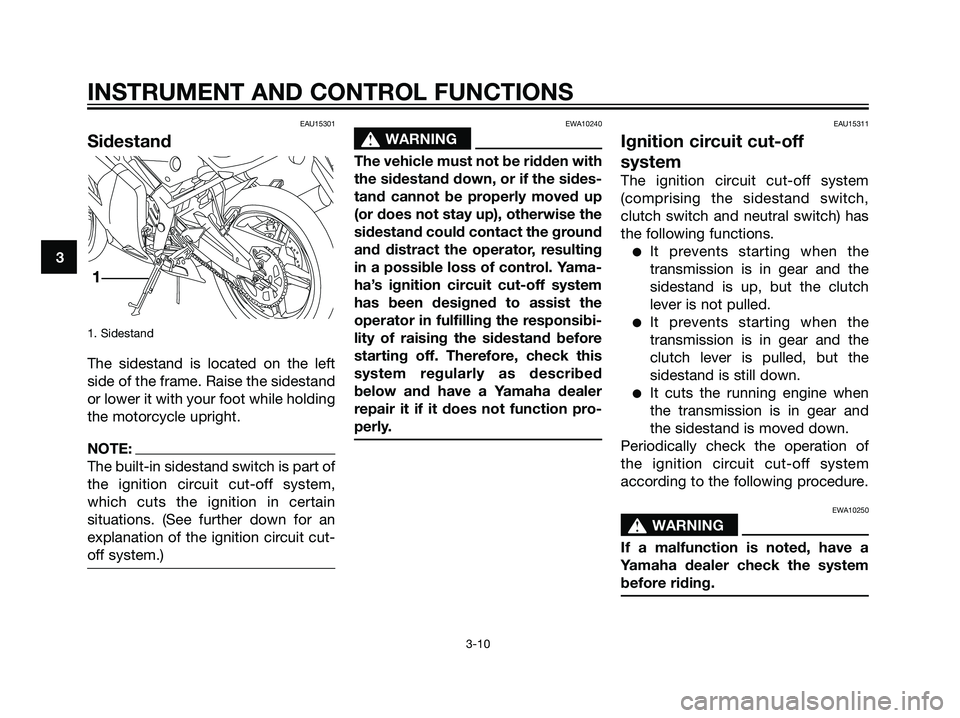YAMAHA TZR50 2008 Owners Manual EAU15301
Sidestand
1. Sidestand
The sidestand is located on the left
side of the frame. Raise the sidestand
or lower it with your foot while holding
the motorcycle upright.
NOTE:
The built-in sidestan