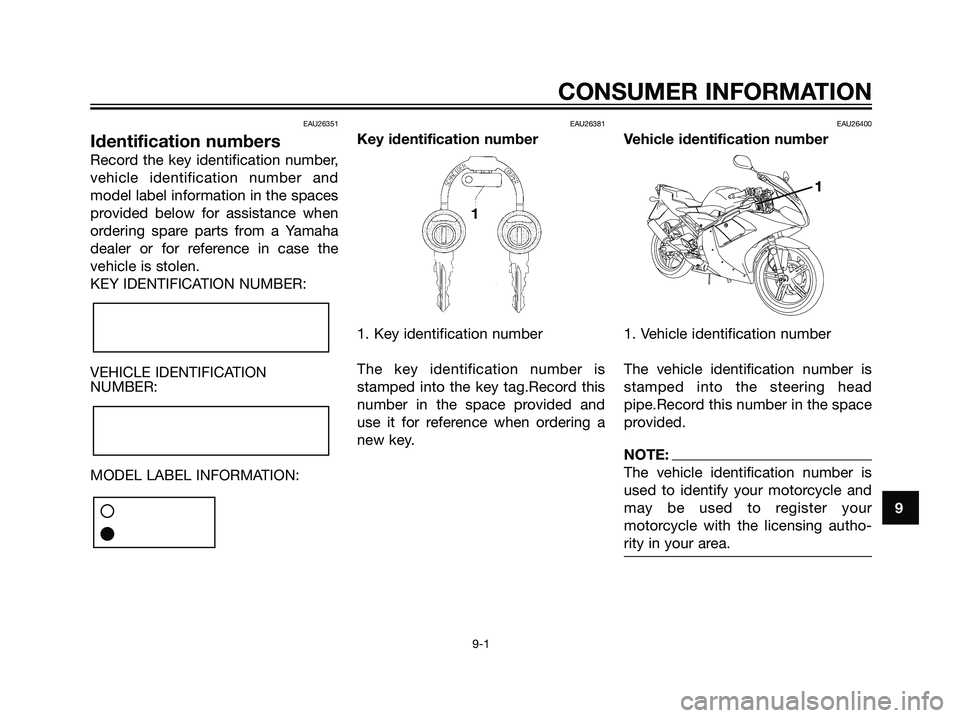YAMAHA TZR50 2008 Manual PDF EAU26351
Identification numbers
Record the key identification number,
vehicle identification number and
model label information in the spaces
provided below for assistance when
ordering spare parts fr YAMAHA TZR50 2008 Manual PDF EAU26351
Identification numbers
Record the key identification number,
vehicle identification number and
model label information in the spaces
provided below for assistance when
ordering spare parts fr