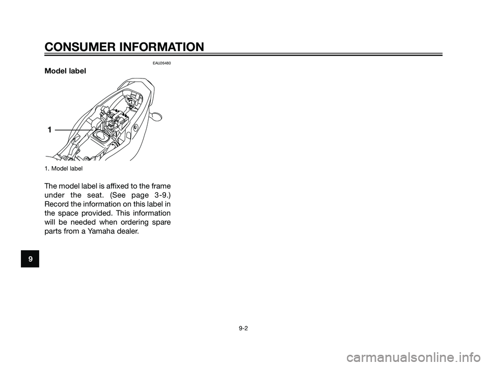 YAMAHA TZR50 2008 Manual PDF EAU26480
Model label
1. Model label
The model label is affixed to the frame
under the seat. (See page 3-9.)
Record the information on this label in
the space provided. This information
will be needed YAMAHA TZR50 2008 Manual PDF EAU26480
Model label
1. Model label
The model label is affixed to the frame
under the seat. (See page 3-9.)
Record the information on this label in
the space provided. This information
will be needed