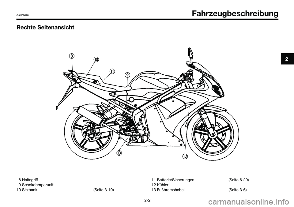 YAMAHA TZR50 2008  Betriebsanleitungen (in German) 8 Haltegriff
9 Schokdemperunit
10 Sitzbank (Seite 3-10)11 Batterie/Sicherungen (Seite 6-29)
12 Kühler
13 Fußbremshebel (Seite 3-6)
2
GAU00026 Fahrzeugbeschreibung
2-2
Rechte Seitenansicht


 