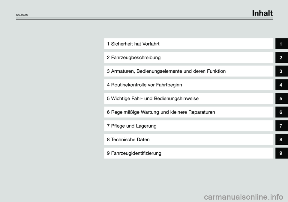 YAMAHA TZR50 2008  Betriebsanleitungen (in German) GAU00009Inhalt
8
9
1 Sicherheit hat Vorfahrt
2 Fahrzeugbeschreibung
3 Armaturen, Bedienungselemente und deren Funktion
4 Routinekontrolle vor Fahrtbeginn
5 Wichtige Fahr- und Bedienungshinweise
6 Rege