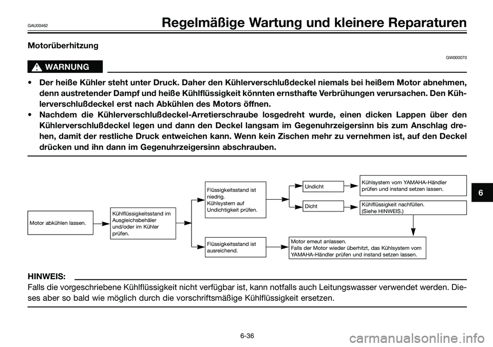 YAMAHA TZR50 2008  Betriebsanleitungen (in German) HINWEIS:
Falls die vorgeschriebene Kühlflüssigkeit nicht verfügbar ist, kann notfalls auch Leitungswasser verwendet werden. Die-
ses aber so bald wie möglich durch die vorschriftsmäßige Kühlfl�