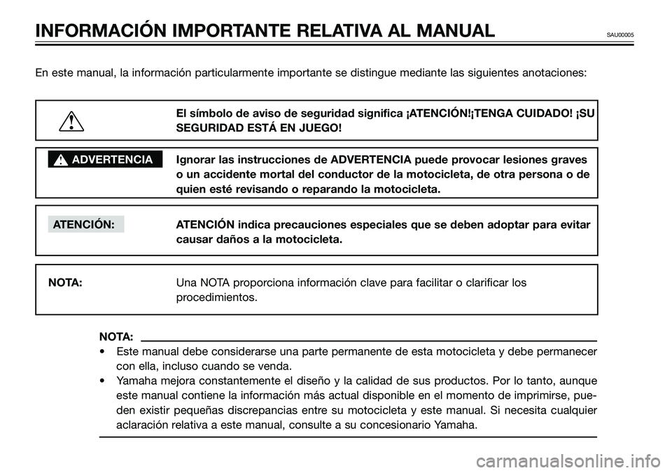 YAMAHA TZR50 2008 Manuale de Empleo (in Spanish) En este manual, la información particularmente importante se distingue mediante las siguientes anotaciones:
NOTA:
• Este manual debe considerarse una parte permanente de esta motocicleta y debe per YAMAHA TZR50 2008 Manuale de Empleo (in Spanish) En este manual, la información particularmente importante se distingue mediante las siguientes anotaciones:
NOTA:
• Este manual debe considerarse una parte permanente de esta motocicleta y debe per