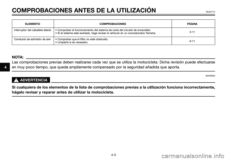 YAMAHA TZR50 2008 Manuale de Empleo (in Spanish) ELEMENTO COMPROBACIONES PÁGINA
Interruptor del caballete lateral • Comprobar el funcionamiento del sistema de corte del circuito de encendido.
3-11
• Si el sistema está averiado, haga revisar el YAMAHA TZR50 2008 Manuale de Empleo (in Spanish) ELEMENTO COMPROBACIONES PÁGINA
Interruptor del caballete lateral • Comprobar el funcionamiento del sistema de corte del circuito de encendido.
3-11
• Si el sistema está averiado, haga revisar el