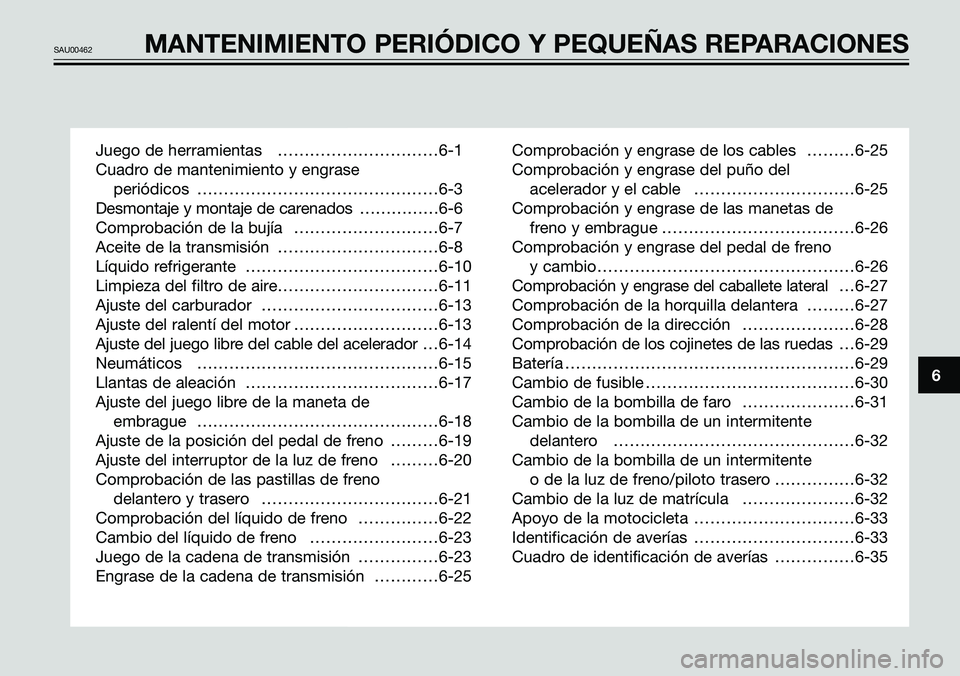 YAMAHA TZR50 2008 Manuale de Empleo (in Spanish) 6
SAU00462MANTENIMIENTO PERIÓDICO Y PEQUEÑAS REPARACIONES
Juego de herramientas …………………………6-1
Cuadro de mantenimiento y engrase
periódicos ……………………………… YAMAHA TZR50 2008 Manuale de Empleo (in Spanish) 6
SAU00462MANTENIMIENTO PERIÓDICO Y PEQUEÑAS REPARACIONES
Juego de herramientas …………………………6-1
Cuadro de mantenimiento y engrase
periódicos ………………………………