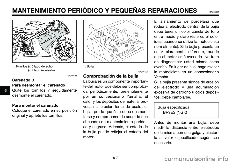 YAMAHA TZR50 2008 Manuale de Empleo (in Spanish) 1. Tornillos (x 5 lado derecho)
1. Tornillos (x 7 lado izquierdo)
SAU00482
Carenado B
Para desmontar el carenado
Quite los tornillos y seguidamente
desmonte el carenado.
Para montar el carenado
Coloqu YAMAHA TZR50 2008 Manuale de Empleo (in Spanish) 1. Tornillos (x 5 lado derecho)
1. Tornillos (x 7 lado izquierdo)
SAU00482
Carenado B
Para desmontar el carenado
Quite los tornillos y seguidamente
desmonte el carenado.
Para montar el carenado
Coloqu