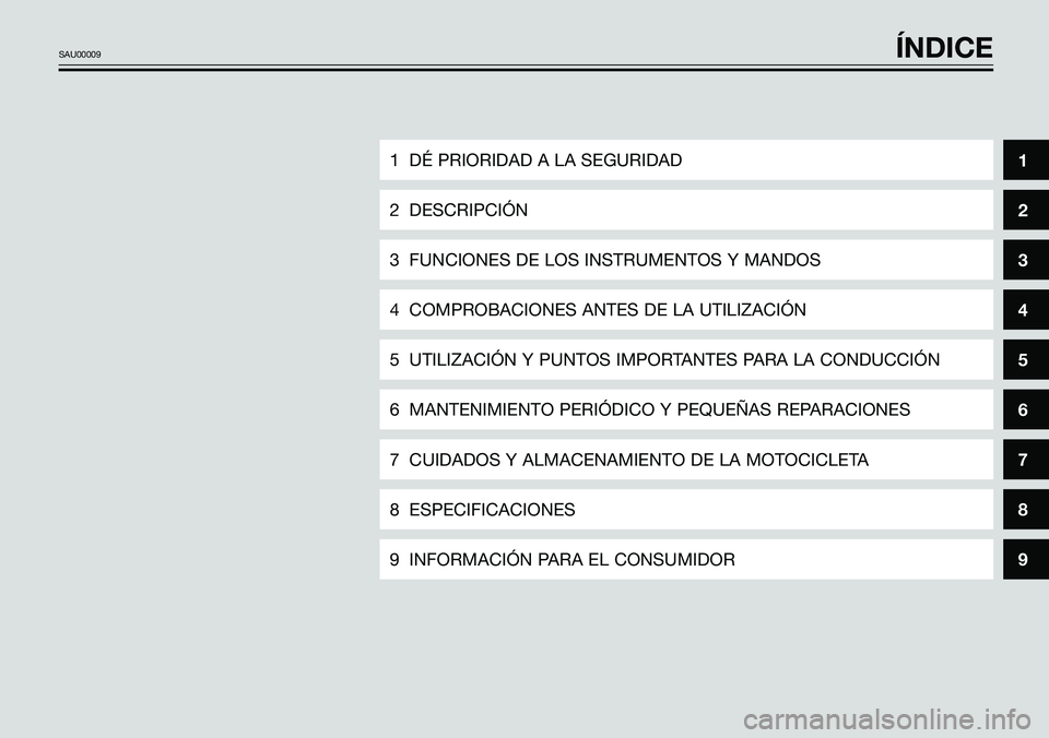 YAMAHA TZR50 2008  Manuale de Empleo (in Spanish) 8
9
SAU00009ÍNDICE
1 DÉ PRIORIDAD A LA SEGURIDAD
2 DESCRIPCIÓN
3 FUNCIONES DE LOS INSTRUMENTOS Y MANDOS
4 COMPROBACIONES ANTES DE LA UTILIZACIÓN
5 UTILIZACIÓN Y PUNTOS IMPORTANTES PARA LA CONDUCC