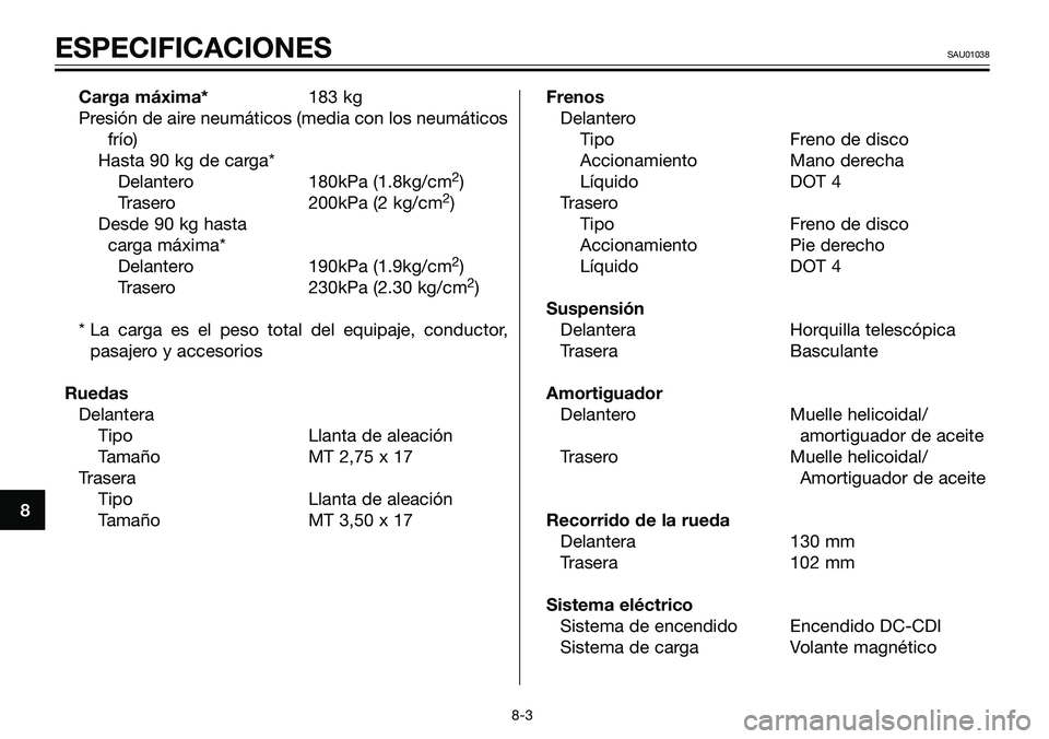 YAMAHA TZR50 2008  Manuale de Empleo (in Spanish) 8
ESPECIFICACIONESSAU01038
Carga máxima*183 kg 
Presión de aire neumáticos (media con los neumáticos 
frío)
Hasta 90 kg de carga*
Delantero 180kPa (1.8kg/cm
2)
Trasero 200kPa (2 kg/cm2)
Desde 90 
