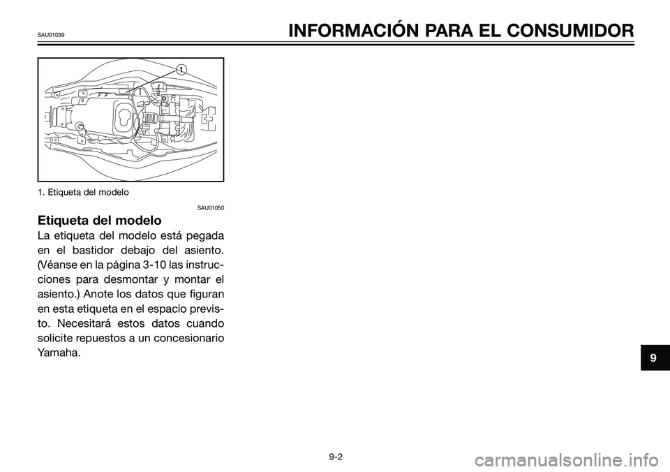 YAMAHA TZR50 2008  Manuale de Empleo (in Spanish) 1. Etiqueta del modelo
SAU01050
Etiqueta del modelo
La etiqueta del modelo está pegada
en el bastidor debajo del asiento.
(Véanse en la página 3-10 las instruc-
ciones para desmontar y montar el
as