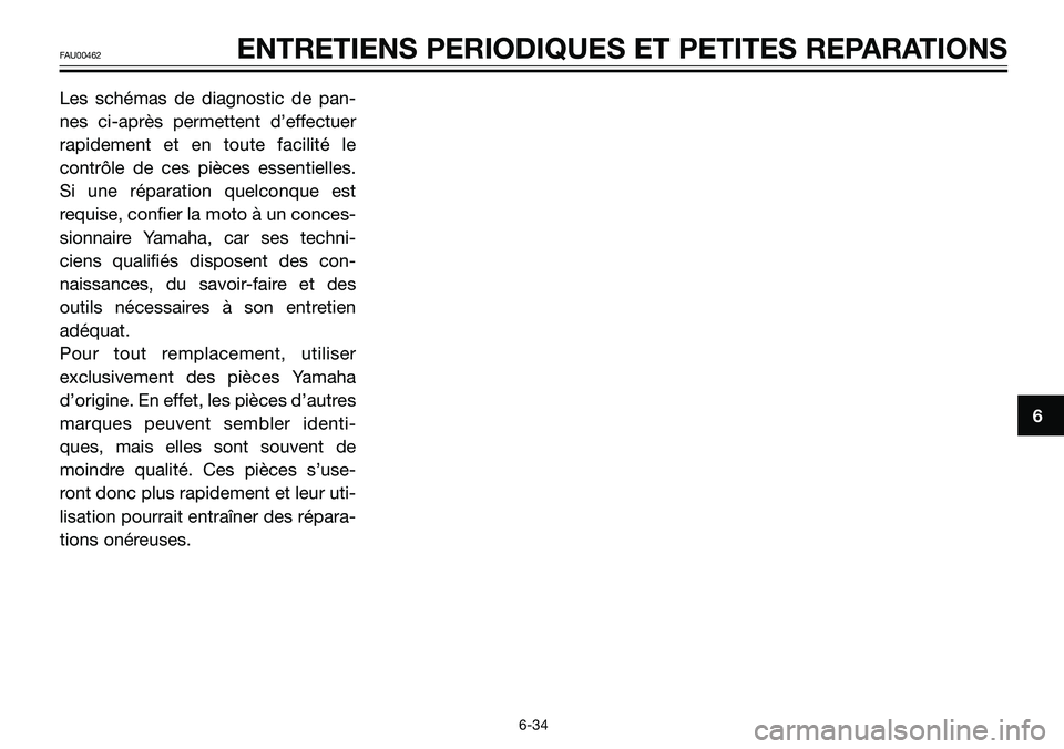 YAMAHA TZR50 2008 Notices Demploi (in French) Les schémas de diagnostic de pan-
nes ci-après permettent d’effectuer
rapidement et en toute facilité le
contrôle de ces pièces essentielles.
Si une réparation quelconque est
requise, confier YAMAHA TZR50 2008 Notices Demploi (in French) Les schémas de diagnostic de pan-
nes ci-après permettent d’effectuer
rapidement et en toute facilité le
contrôle de ces pièces essentielles.
Si une réparation quelconque est
requise, confier