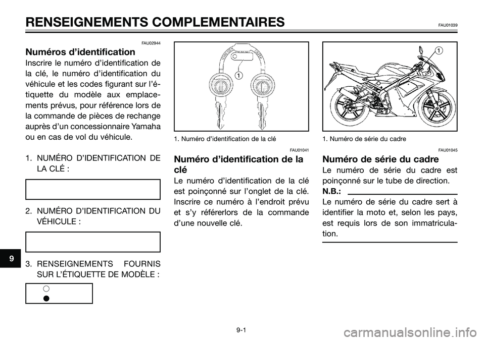 YAMAHA TZR50 2008 Notices Demploi (in French) FAU02944
Numéros d’identification
Inscrire le numéro d’identification de
la clé, le numéro d’identification du
véhicule et les codes figurant sur l’é-
tiquette du modèle aux emplace-
m YAMAHA TZR50 2008 Notices Demploi (in French) FAU02944
Numéros d’identification
Inscrire le numéro d’identification de
la clé, le numéro d’identification du
véhicule et les codes figurant sur l’é-
tiquette du modèle aux emplace-
m