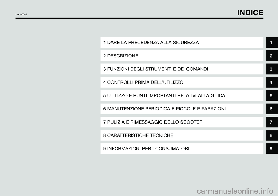 YAMAHA TZR50 2008  Manuale duso (in Italian) 8
9
HAU00009INDICE
1 DARE LA PRECEDENZA ALLA SICUREZZA
2 DESCRIZIONE
3 FUNZIONI DEGLI STRUMENTI E DEI COMANDI
4 CONTROLLI PRIMA DELL’UTILIZZO
5 UTILIZZO E PUNTI IMPORTANTI RELATIVI ALLA GUIDA
6 MANU