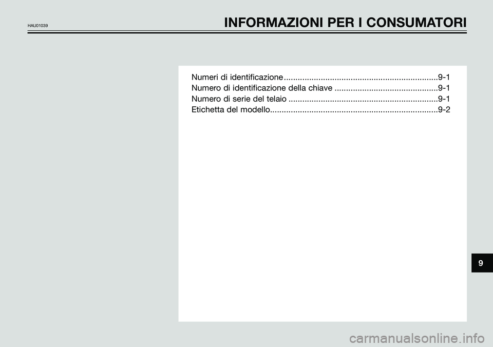 YAMAHA TZR50 2008 Manuale duso (in Italian) Numeri di identificazione ...................................................................9-1
Numero di identificazione della chiave .............................................9-1
Numero di serie YAMAHA TZR50 2008 Manuale duso (in Italian) Numeri di identificazione ...................................................................9-1
Numero di identificazione della chiave .............................................9-1
Numero di serie