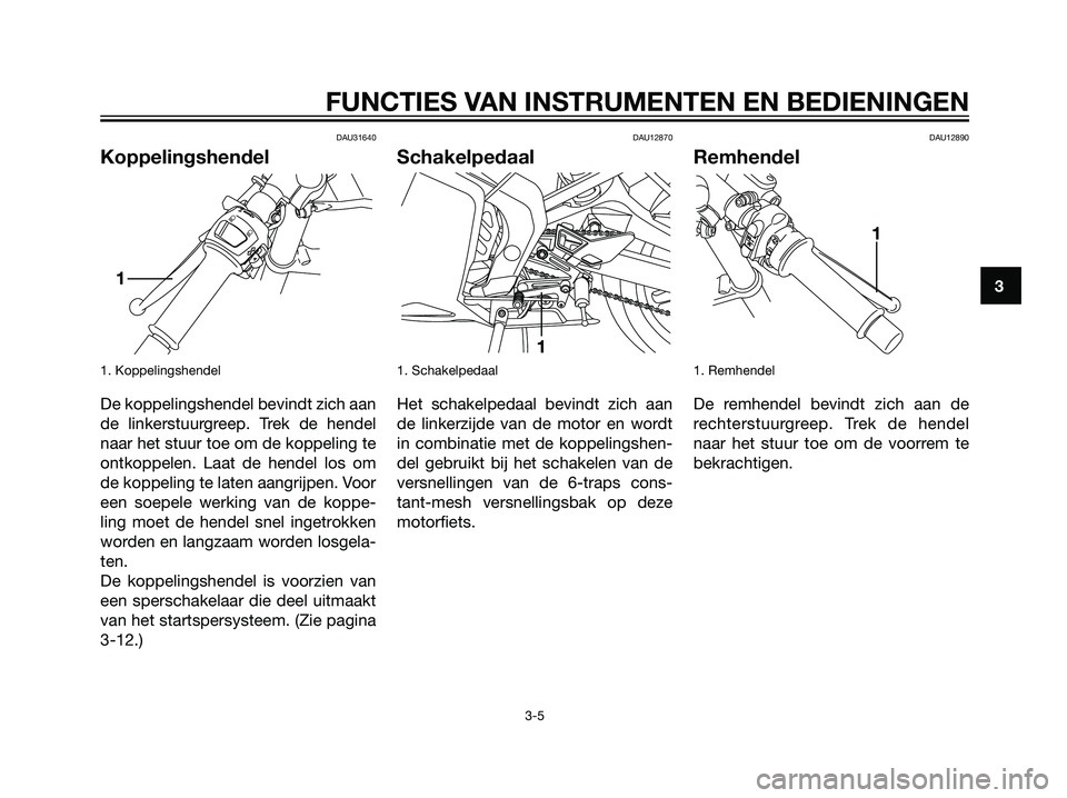 YAMAHA TZR50 2008 Instructieboekje (in Dutch) DAU31640
Koppelingshendel
1. Koppelingshendel
De koppelingshendel bevindt zich aan
de linkerstuurgreep. Trek de hendel
naar het stuur toe om de koppeling te
ontkoppelen. Laat de hendel los om
de koppe YAMAHA TZR50 2008 Instructieboekje (in Dutch) DAU31640
Koppelingshendel
1. Koppelingshendel
De koppelingshendel bevindt zich aan
de linkerstuurgreep. Trek de hendel
naar het stuur toe om de koppeling te
ontkoppelen. Laat de hendel los om
de koppe