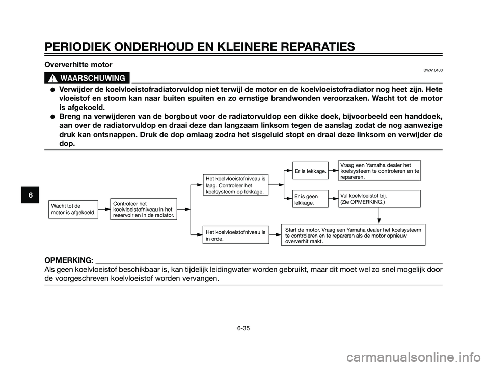 YAMAHA TZR50 2008  Instructieboekje (in Dutch) 6
PERIODIEK ONDERHOUD EN KLEINERE REPARATIES
6-35
Oververhitte motorDWA10400
s s
WAARSCHUWING
Verwijder de koelvloeistofradiatorvuldop niet terwijl de motor en de koelvloeistofradiator nog heet zijn.