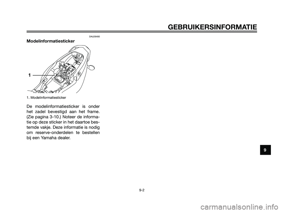 YAMAHA TZR50 2008  Instructieboekje (in Dutch) DAU26480
Modelinformatiesticker
1. Modelinformatiesticker
De modelinformatiesticker is onder
het zadel bevestigd aan het frame.
(Zie pagina 3-10.) Noteer de informa-
tie op deze sticker in het daartoe