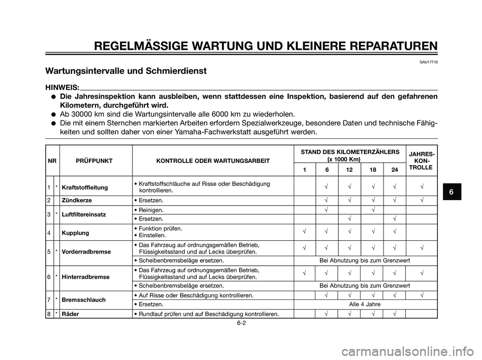 YAMAHA TZR50 2007  Betriebsanleitungen (in German) 6
REGELMÄSSIGE WARTUNG UND KLEINERE REPARATUREN
6-2
GAU17710
Wartungsintervalle und Schmierdienst
HINWEIS:
Die Jahresinspektion kann ausbleiben, wenn stattdessen eine Inspektion, basierend auf den g