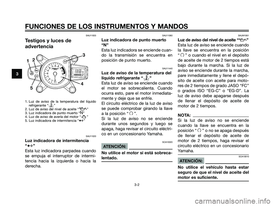 YAMAHA TZR50 2007  Manuale de Empleo (in Spanish) SAU11003
Testigos y luces de
advertencia
1. Luz de aviso de la temperatura del líquido
refrigerante “y”
2. Luz de aviso del nivel de aceite “z”
3. Luz indicadora de punto muerto “N”
4. Lu