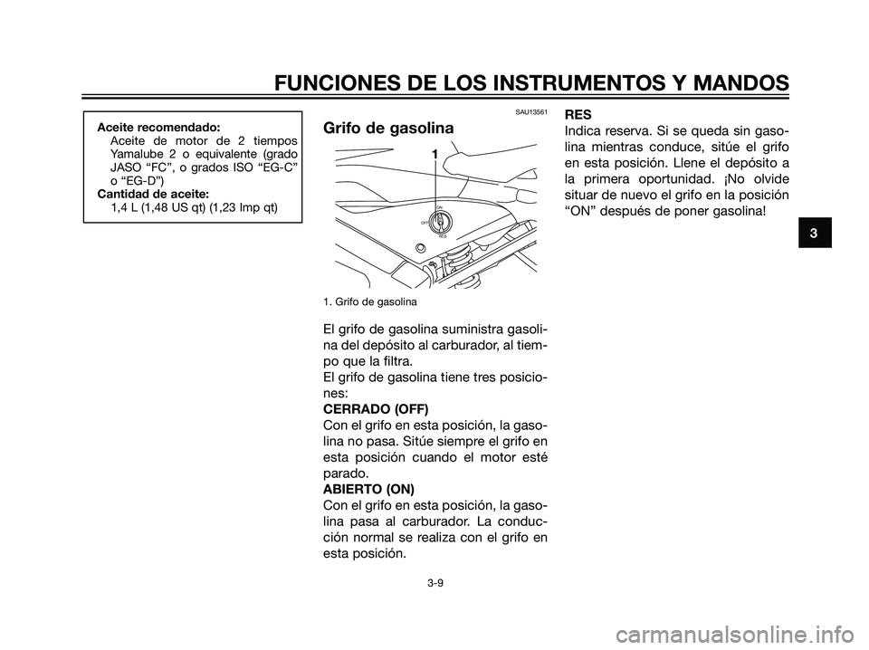 YAMAHA TZR50 2007  Manuale de Empleo (in Spanish) SAU13561
Grifo de gasolina
1. Grifo de gasolina
El grifo de gasolina suministra gasoli-
na del depósito al carburador, al tiem-
po que la filtra.
El grifo de gasolina tiene tres posicio-
nes:
CERRADO