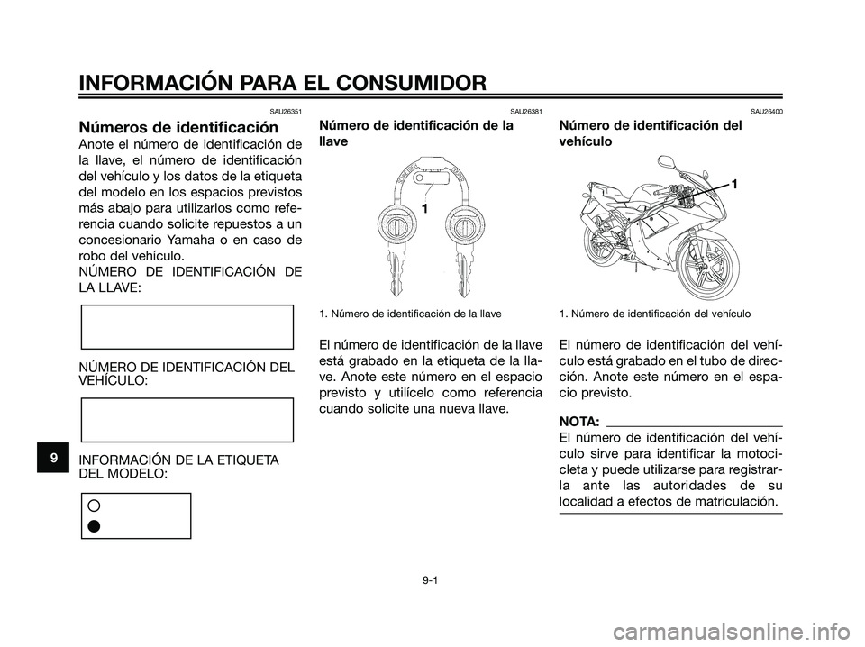 YAMAHA TZR50 2007  Manuale de Empleo (in Spanish) SAU26351
Números de identificación
Anote el número de identificación de
la llave, el número de identificación
del vehículo y los datos de la etiqueta
del modelo en los espacios previstos
más a
