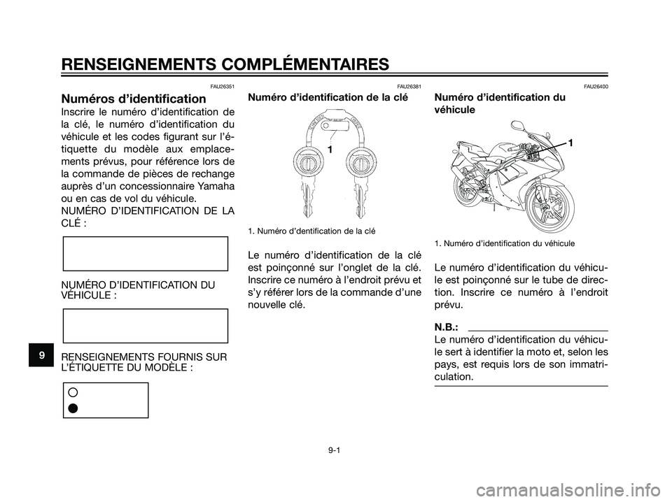 YAMAHA TZR50 2007  Notices Demploi (in French) FAU26351
Numéros d’identification
Inscrire le numéro d’identification de
la clé, le numéro d’identification du
véhicule et les codes figurant sur l’é-
tiquette du modèle aux emplace-
me