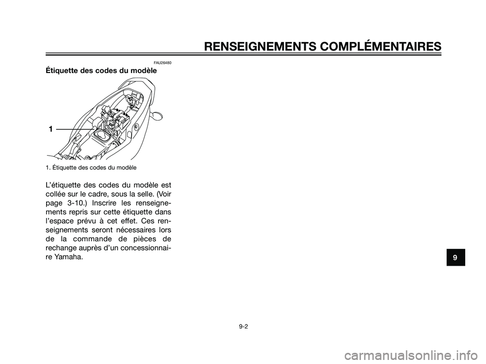 YAMAHA TZR50 2007  Notices Demploi (in French) FAU26480
Étiquette des codes du modèle
1. Étiquette des codes du modèle
L’étiquette des codes du modèle est
collée sur le cadre, sous la selle. (Voir
page 3-10.) Inscrire les renseigne-
ments
