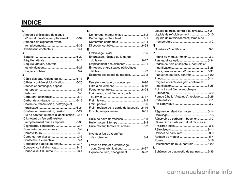 YAMAHA TZR50 2007  Notices Demploi (in French) AAmpoule d’éclairage de plaque
d’immatriculation, remplacement ..........6-32
Ampoule de clignotant avant, 
remplacement ........................................6-33
Avertisseur, contacteur .....