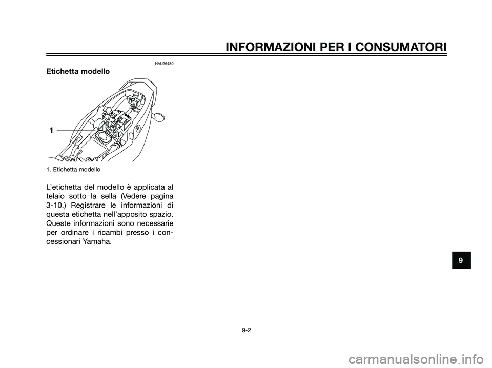 YAMAHA TZR50 2007  Manuale duso (in Italian) HAU26480
Etichetta modello
1. Etichetta modello
L’etichetta del modello è applicata al
telaio sotto la sella (Vedere pagina 
3-10.) Registrare le informazioni di
questa etichetta nell’apposito sp