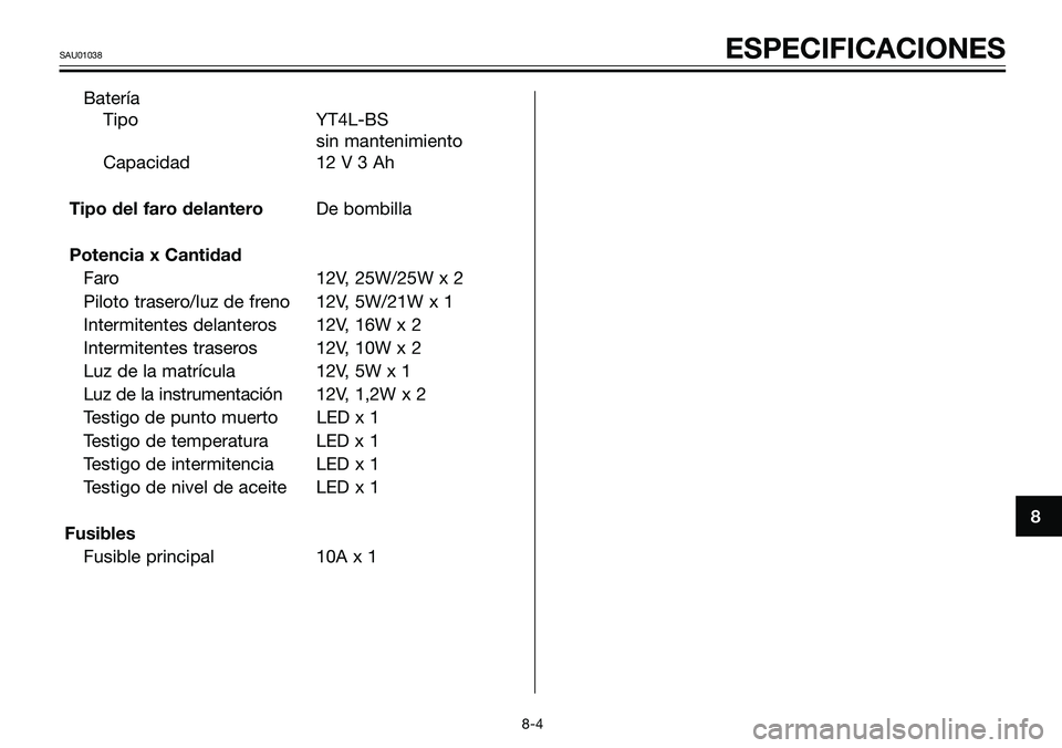 YAMAHA TZR50 2005 Manuale de Empleo (in Spanish) 8
SAU01038ESPECIFICACIONES
Batería
Tipo YT4L-BS
sin mantenimiento
Capacidad 12 V 3 Ah
Tipo del faro delanteroDe bombilla
Potencia x Cantidad
Faro 12V, 25W/25W x 2
Piloto trasero/luz de freno 12V, 5W YAMAHA TZR50 2005 Manuale de Empleo (in Spanish) 8
SAU01038ESPECIFICACIONES
Batería
Tipo YT4L-BS
sin mantenimiento
Capacidad 12 V 3 Ah
Tipo del faro delanteroDe bombilla
Potencia x Cantidad
Faro 12V, 25W/25W x 2
Piloto trasero/luz de freno 12V, 5W