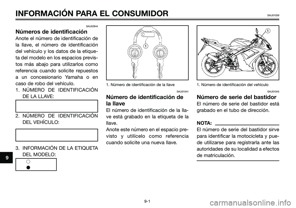 YAMAHA TZR50 2005 Manuale de Empleo (in Spanish) SAU02944
Números de identificación
Anote el número de identificación de
la llave, el número de identificación
del vehículo y los datos de la etique-
ta del modelo en los espacios previs-
tos m YAMAHA TZR50 2005 Manuale de Empleo (in Spanish) SAU02944
Números de identificación
Anote el número de identificación de
la llave, el número de identificación
del vehículo y los datos de la etique-
ta del modelo en los espacios previs-
tos m