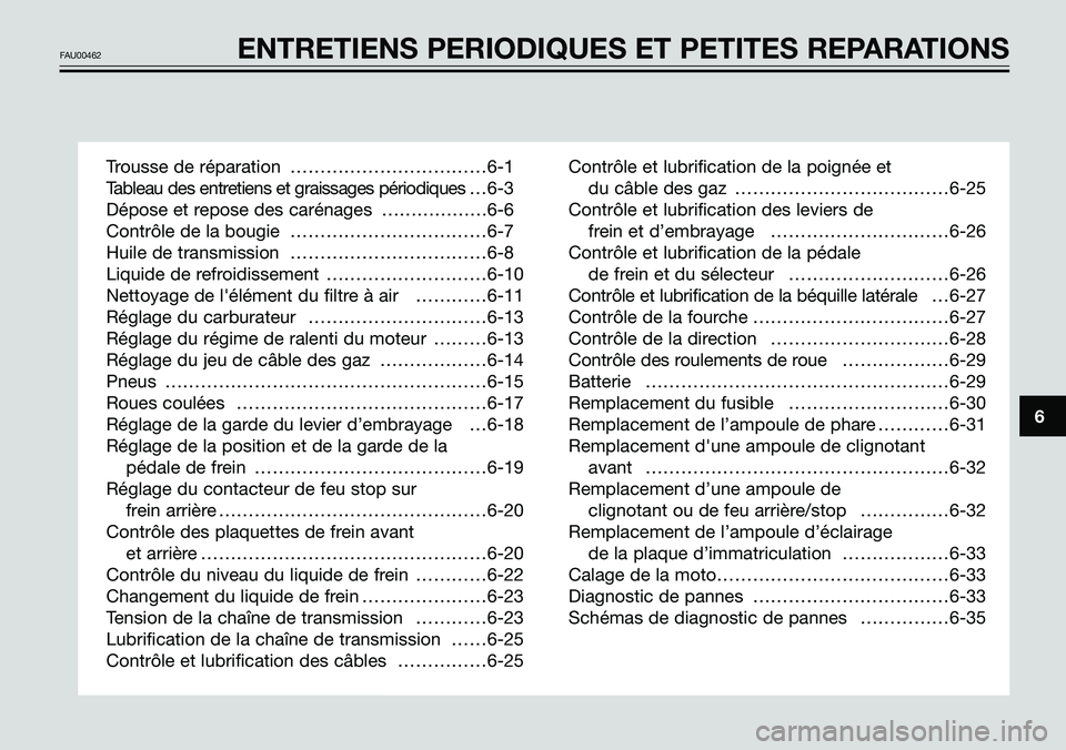 YAMAHA TZR50 2005  Notices Demploi (in French) 6
FAU00462ENTRETIENS PERIODIQUES ET PETITES REPARATIONS
Trousse de réparation ……………………………6-1
Tableau des entretiens et graissages périodiques…6-3
Dépose et repose des carén