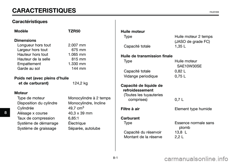 YAMAHA TZR50 2005  Notices Demploi (in French) 8
CARACTERISTIQUESFAU01038
8-1
Caractéristiques
Modèle TZR50
Dimensions
Longueur hors tout 2.007 mm
Largeur hors tout 675 mm
Hauteur hors tout 1.065 mm
Hauteur de la selle 815 mm
Empattement 1.330 m