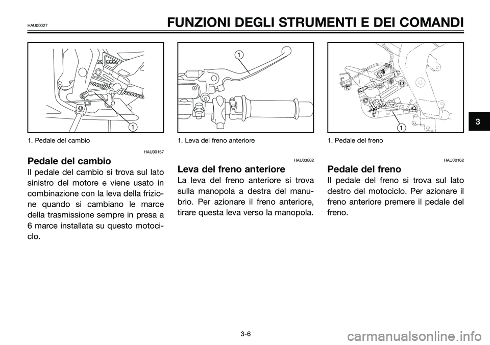 YAMAHA TZR50 2006  Manuale duso (in Italian) 1. Pedale del cambio
HAU00157
Pedale del cambio
Il pedale del cambio si trova sul lato
sinistro del motore e viene usato in
combinazione con la leva della frizio-
ne quando si cambiano le marce
della 